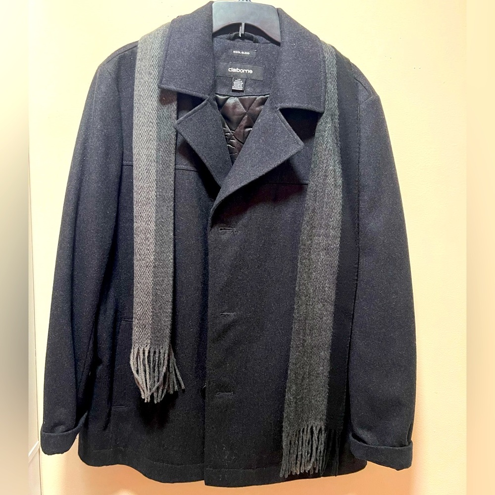 Claiborne Men's Pea Coat  L/G Charcoal Wool Blend Jacket